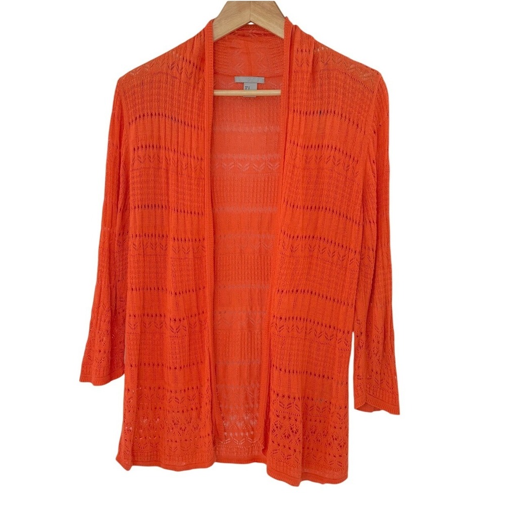 HM Women Orange Pointelle Open Front Cardigan Silk Blend 3/4 Sleeve Medium‎